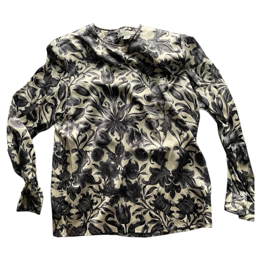 Vintage Valerie Steven’s 100% silk long sleeve floral blouse ivory/gray 10